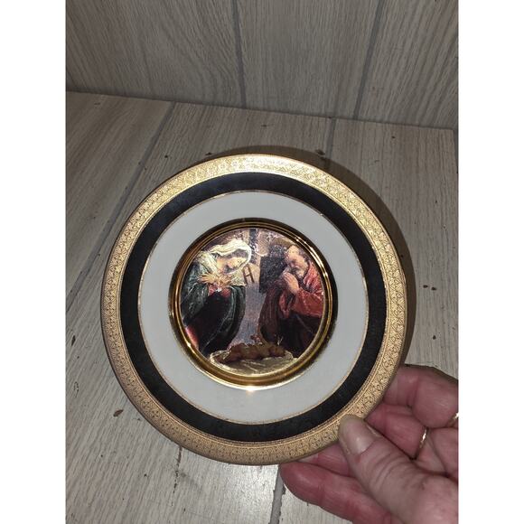 Vtg Duffex Art Nativity Plate Gold Gilt 6" Religious Mary Joseph Jesus Holiday - Picture 1 of 7